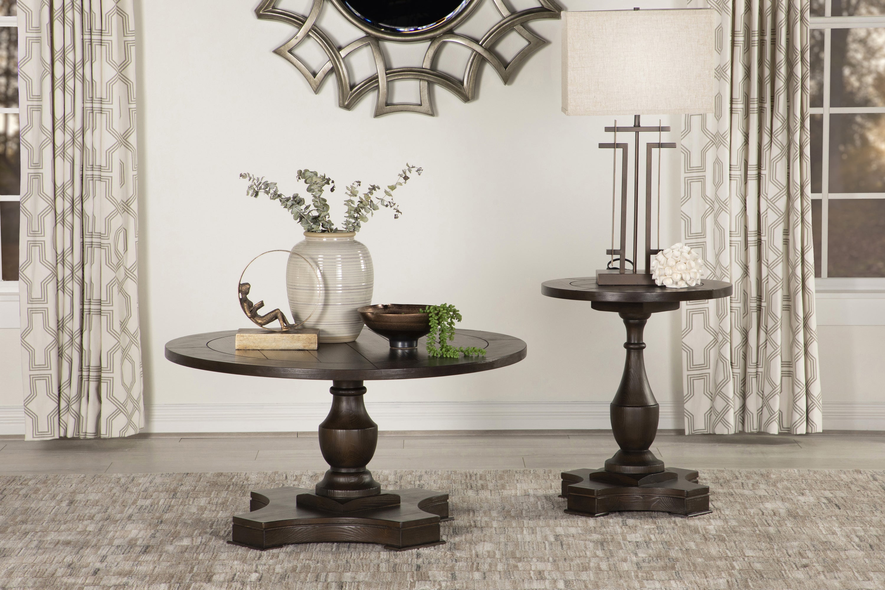 Walden Round Occasional Collection, Brown Finish