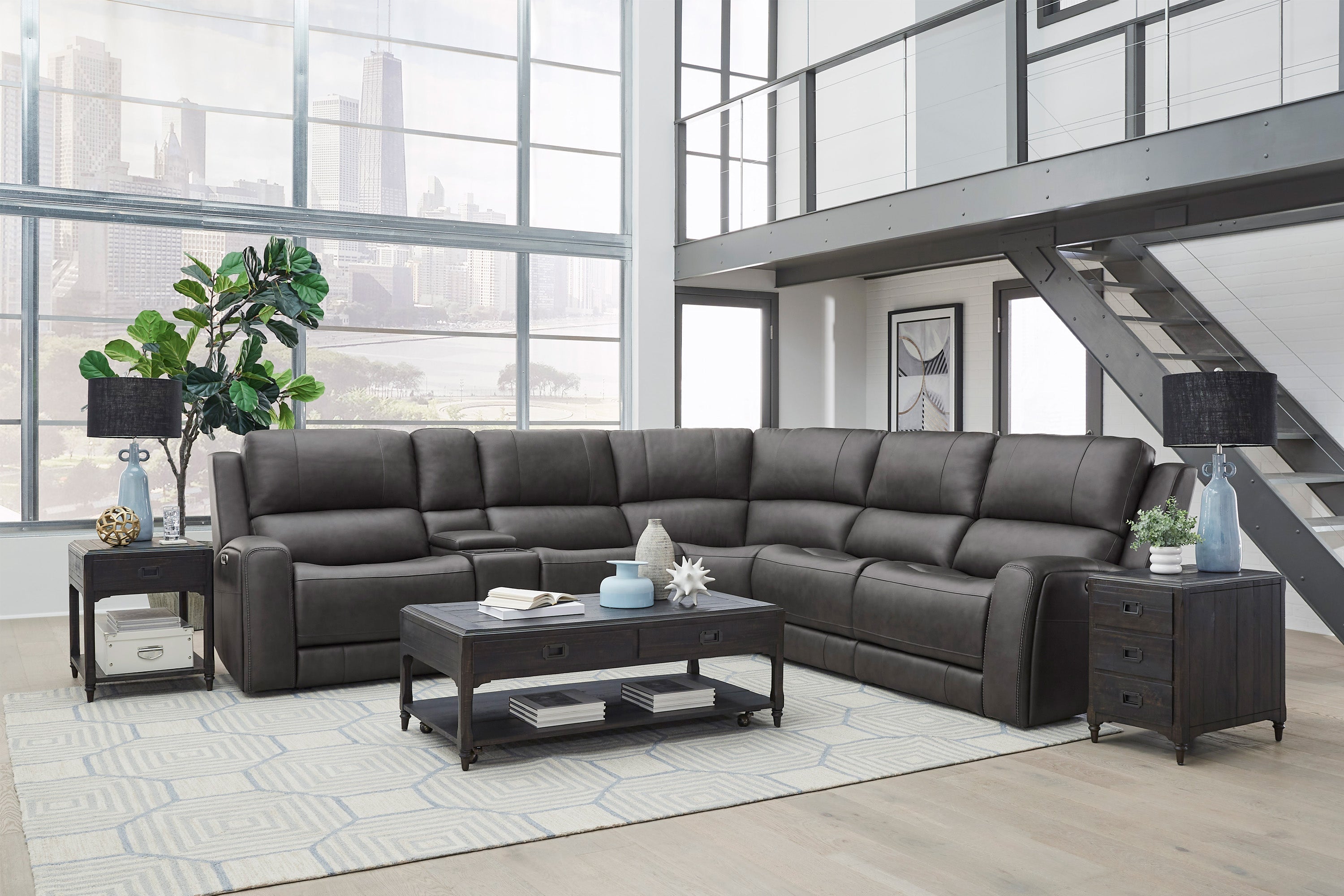Belmont Zero Gravity Power Reclining Leather Sectional Collection, Brown Finish