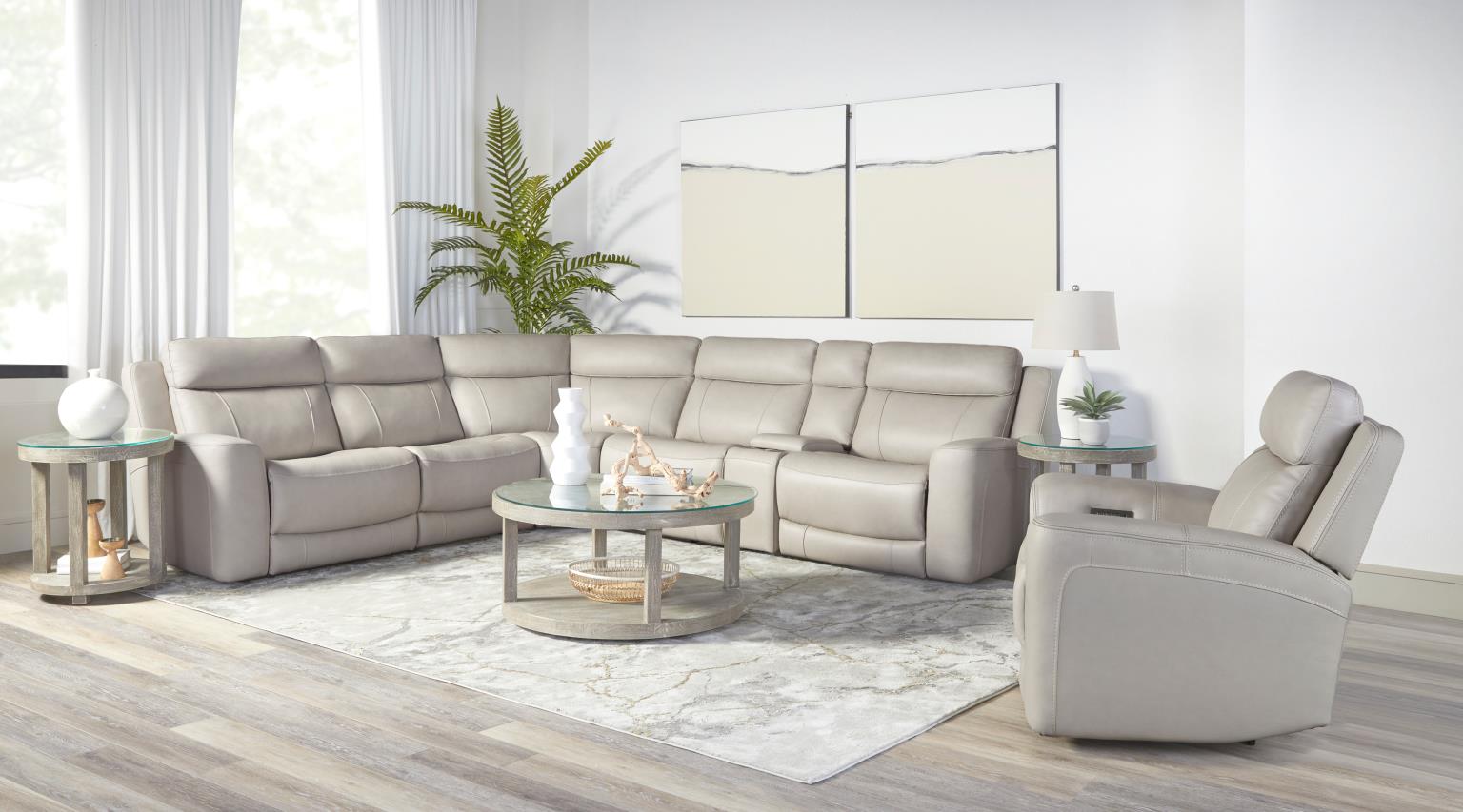 Calgary Power Reclining Leather Sectional Collection, Beige Finish