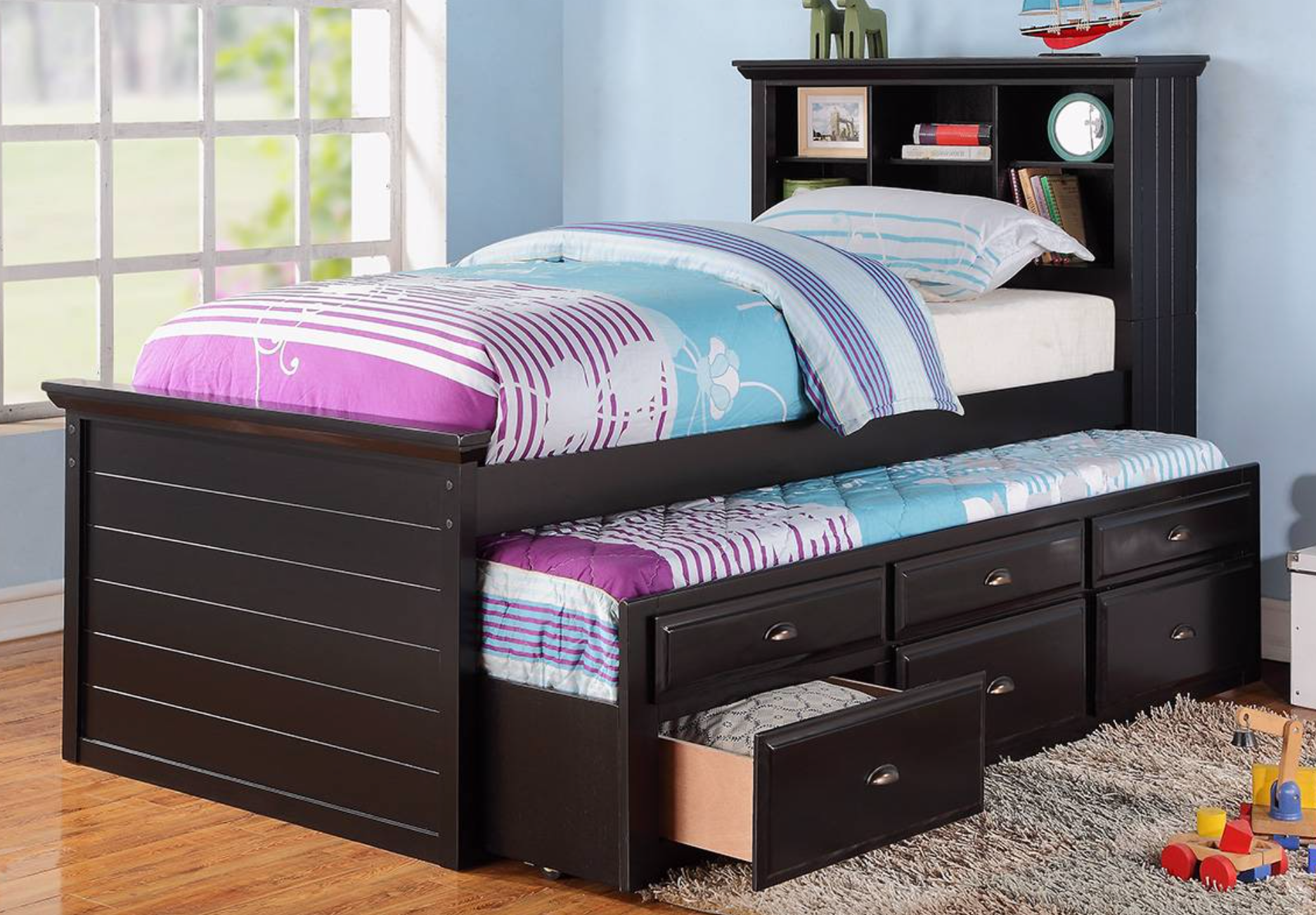 Jr. Captain Black Twin Bed with Trundle, 89 in L