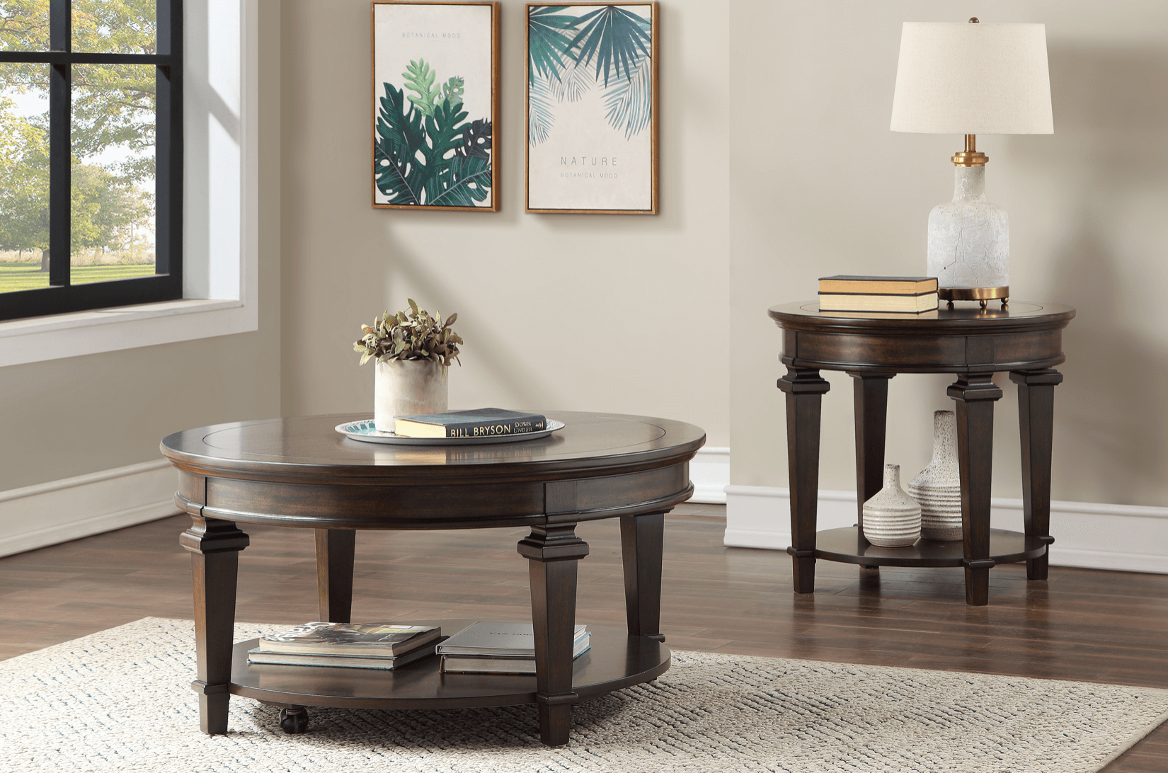 Tobias Round Occasional Collection, Brown Finish