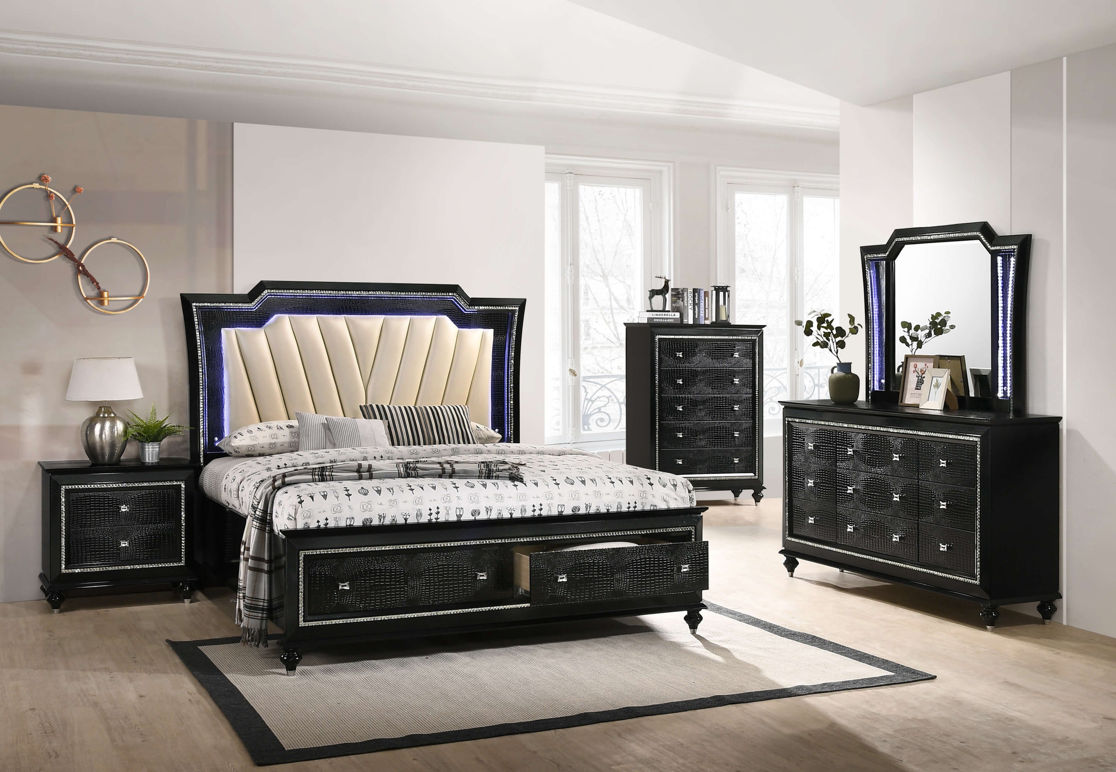 Victoria Metallic Black Storage Bedroom Collection, 95" W